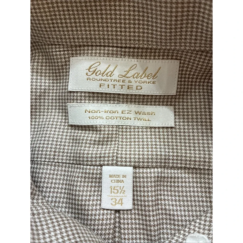 Gold Label Roundtree & Yorke Fitted Sz 15 1/2x 34 Non-Iron Button-Up LS Brown